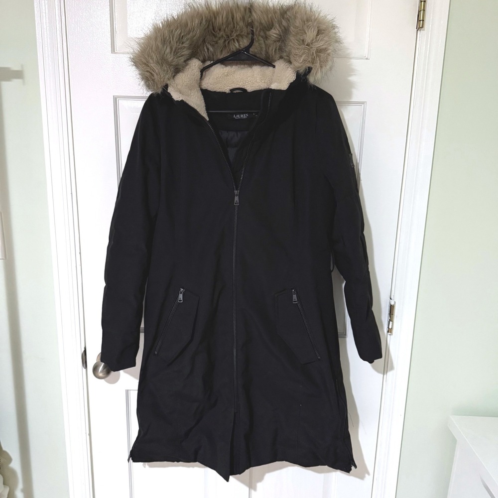 Lauren Ralph Lauren Black Down Parka Faux Fur Hooded Coat Womens Medium